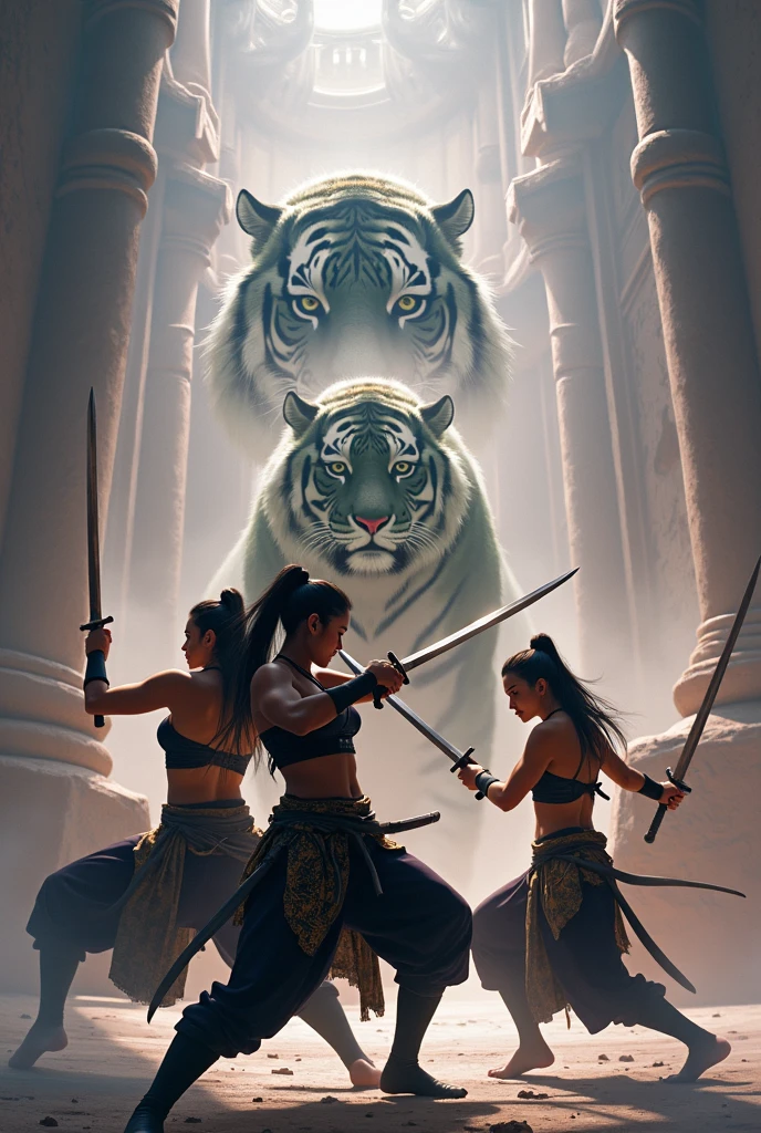 Count the warrior girls in the ancient black Dusit Thai excavation, wearing a black and gold sarong, long black hair tied high (Musashi Miyamoto) Long swordplay, separated by every fierce attack, covered with thick fog that obscured the view, revealing a vivid and surreal scene, the s-cut blade stands out against the blurred background., Mysterious background, the sharp eyes of a large green tiger meet the viewer's eyes.., A thick layer of fog covers the landscape, piercing, clear eyes, amazing light and colors.