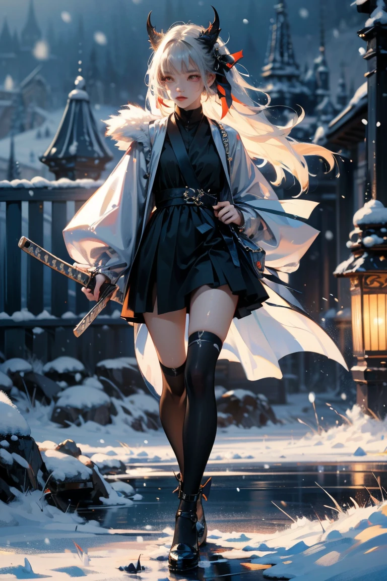 uhd, textured skin, good quality, High details, masterpiece, best quality, high detail face, (Amazingly absurd:1.2), (masterpiece:1.2), fluffy, 1 Girl, Dragon ears, Dress with ruffles, glowing eyes, shining hair , Whole body love, very long hair, hair ribbon, black kneesocks, full body, Kawaiitech, soft colours, Kawaii, Beautiful colors, (Snow:1.5), (Wet:1), (Night:2), (Landscape:2), battojutsus, (holding Katana:1.5),