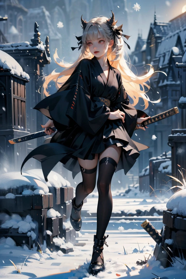 uhd, textured skin, good quality, High details, masterpiece, best quality, high detail face, (Amazingly absurd:1.2), (masterpiece:1.2), fluffy, 1 Girl, Dragon ears, Dress with ruffles, glowing eyes, shining hair , Whole body love, very long hair, hair ribbon, black kneesocks, full body, Kawaiitech, soft colours, Kawaii, Beautiful colors, (Snow:1.5), (Wet:1), (Night:2), (Landscape:2), battojutsus, (holding Katana:1.5),