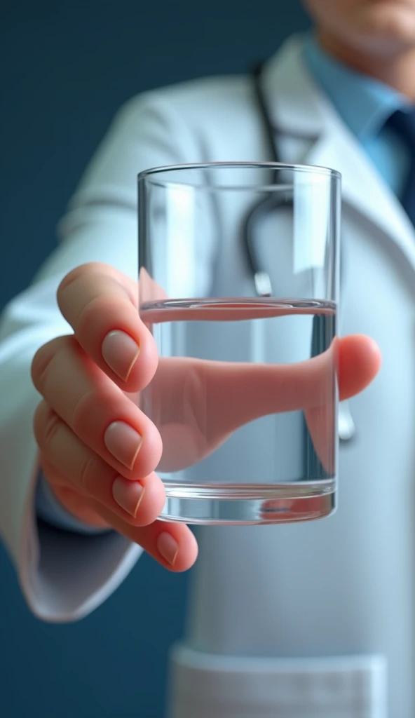 3D animation style image focusing closely on the glass of water in the professor's hand. The glass is centered in the frame, with the professor's hand holding it steadily. The water inside the glass is crystal clear, and the background is slightly blurred to emphasize the glass
