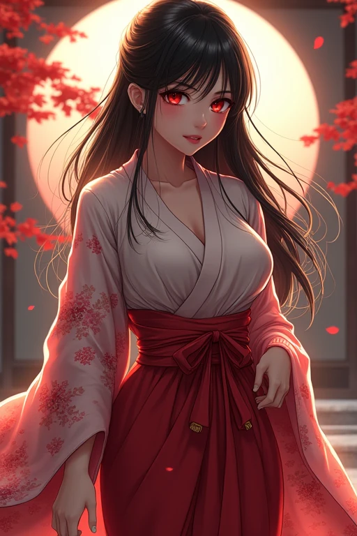 Anime, girl with big breasts, wearing traditional Japanese clothing, crimson eyes, black hair
