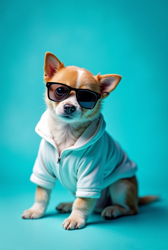 The best cell phone wallpaper, Award-Winning Wallpaper, portrait photography, In the front view is a portrait of a cute dog wearing mid-1960s space age fashion, Side view photo, Shot with Canon EOS R5, Set a strong contrast that accentuates the subject, Fluorescent blue tone, Wearing a very modern coat and sunglasses is a modern 1960s style, Clothes all in one color, beautiful background