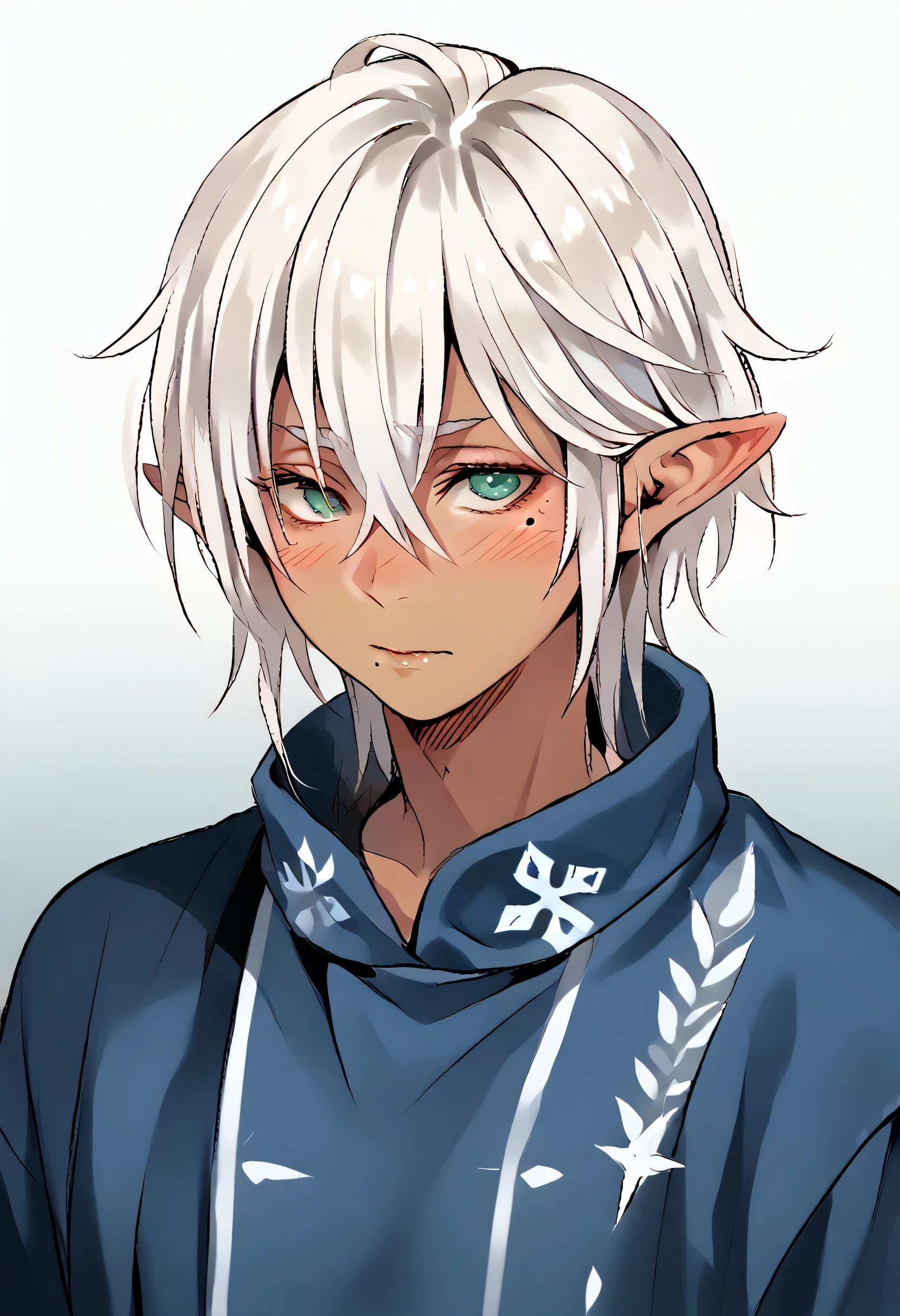 femboy, shy, messy hair, beauty marks, tanned, shoulder-length hair, white hair, seafoam eyes, fantasy clothing, elf ears.