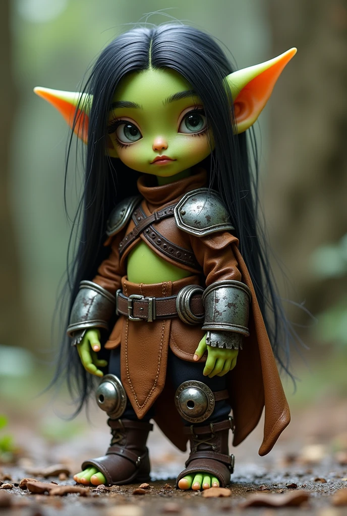 light armor made of leather and iron shoulder pads, brown pants have shackles on their arms and wears brown boots with saws and steel shin guards and knee pads made of the same material as the shin guards, her appearance is lime green skin and long straight black hair and white eyes, goblin, adorable little woman