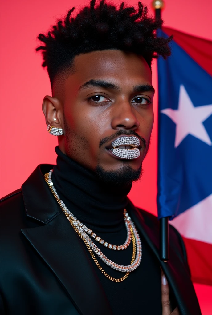 Puerto rican guy with grills on dressed in all black with a flag that says emmy loves simba. He also wears diamond chains