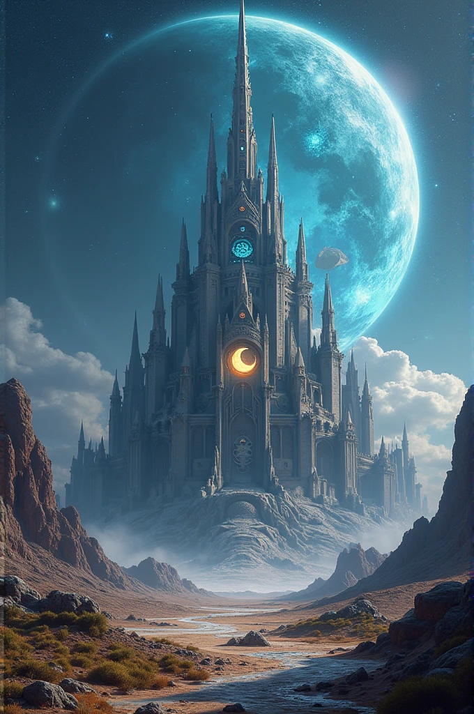 a castle with a moon symbol on a planet