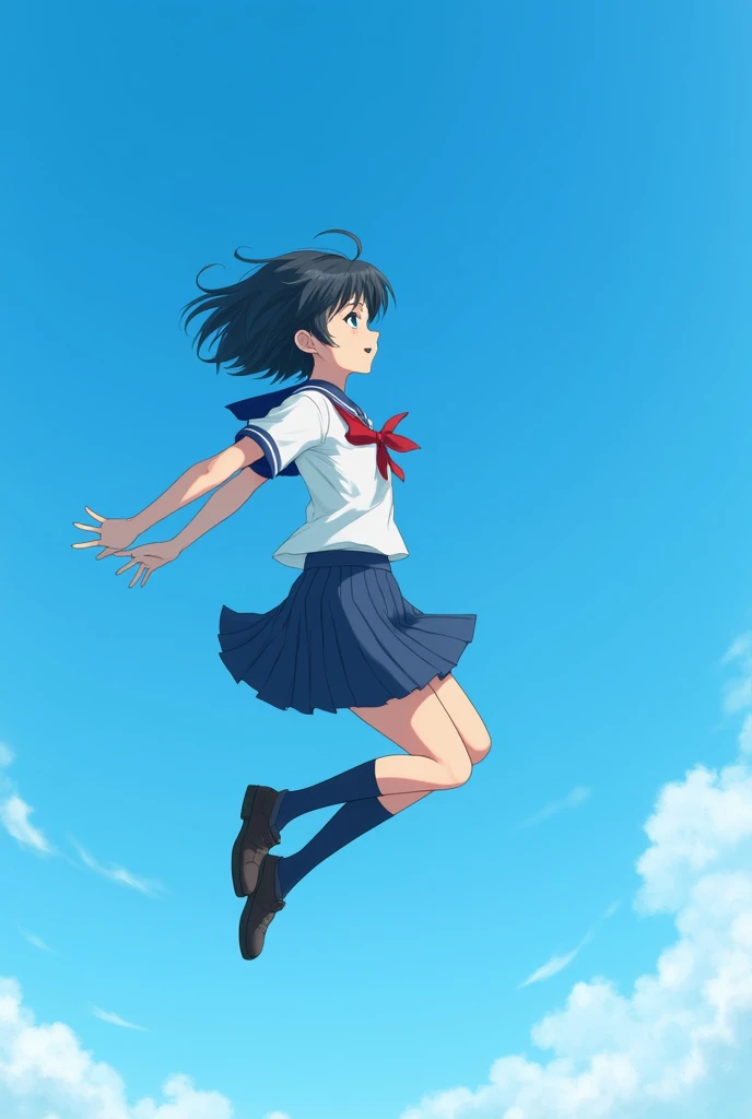 High school girl jumping into the sky、blue sky、The Girl Who Travels Through Time、Real、Finish like a photo、Black Hair、short hair、Hair blowing in the wind、Looking up at the sky、
