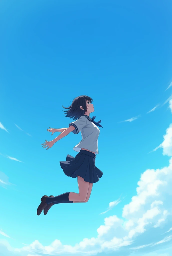 High school girl jumping into the sky、blue sky、The Girl Who Travels Through Time、Real、Finish like a photo、Black Hair、short hair、Hair blowing in the wind、Looking up at the sky、
