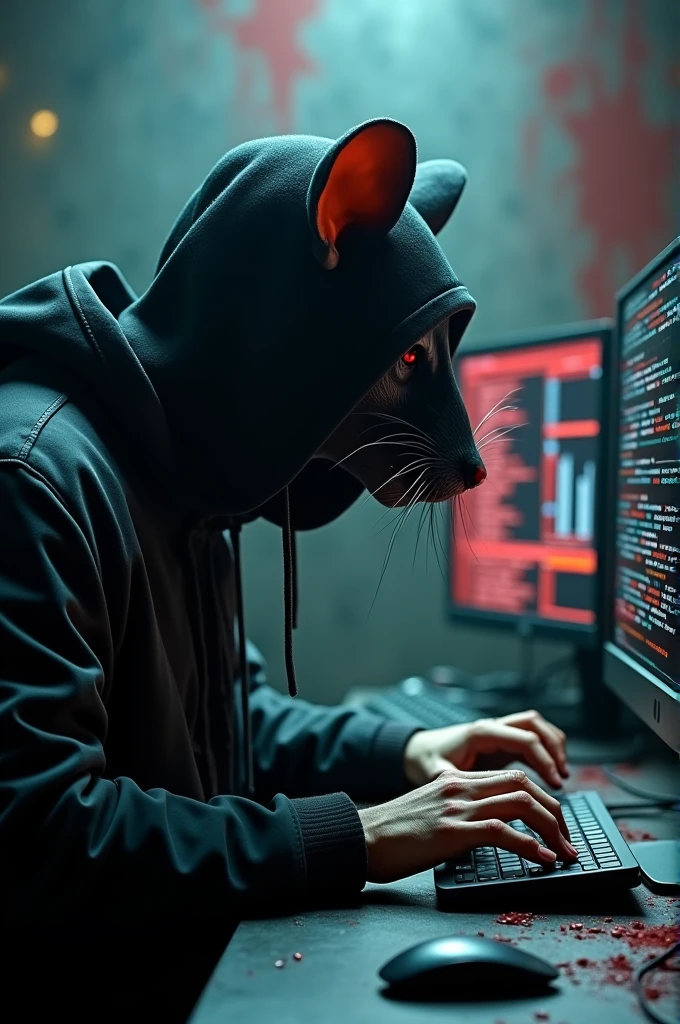 A hacker with rat mask hacking with computer bloody bageound
