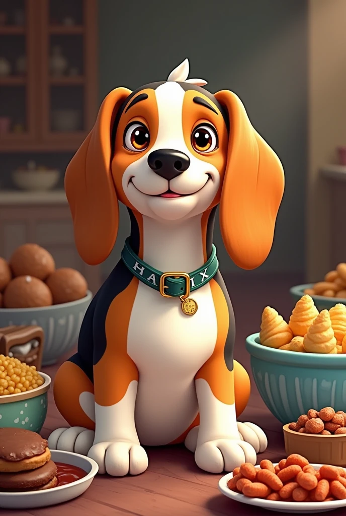 Un beagle vieux entouré de pleins de nourriture. Avec un collier écrit haxo. En version cartoon.
