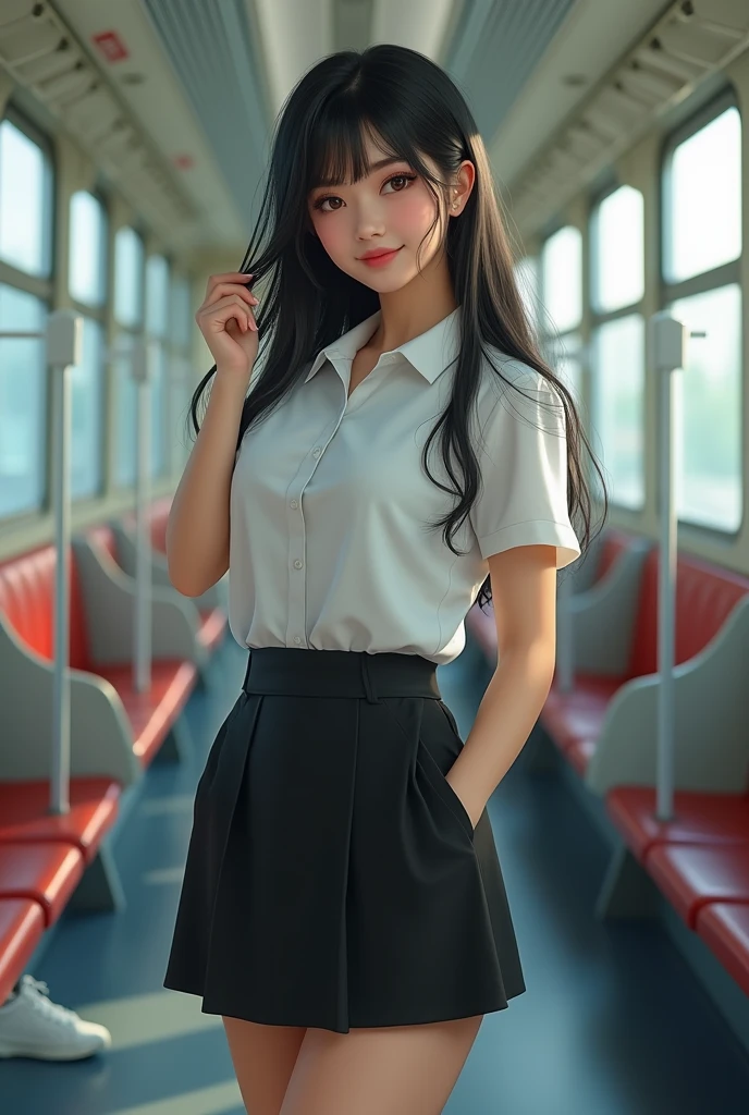 The most realistic photo. A photo of a beautiful Thai woman, 20 years old, slightly chubby, long black hair with bangs, wearing an office uniform, a white shirt, a short black skirt, white sneakers, combing her hair, smiling shyly, and leaning her face towards the camera, in the subway, the light is natural.