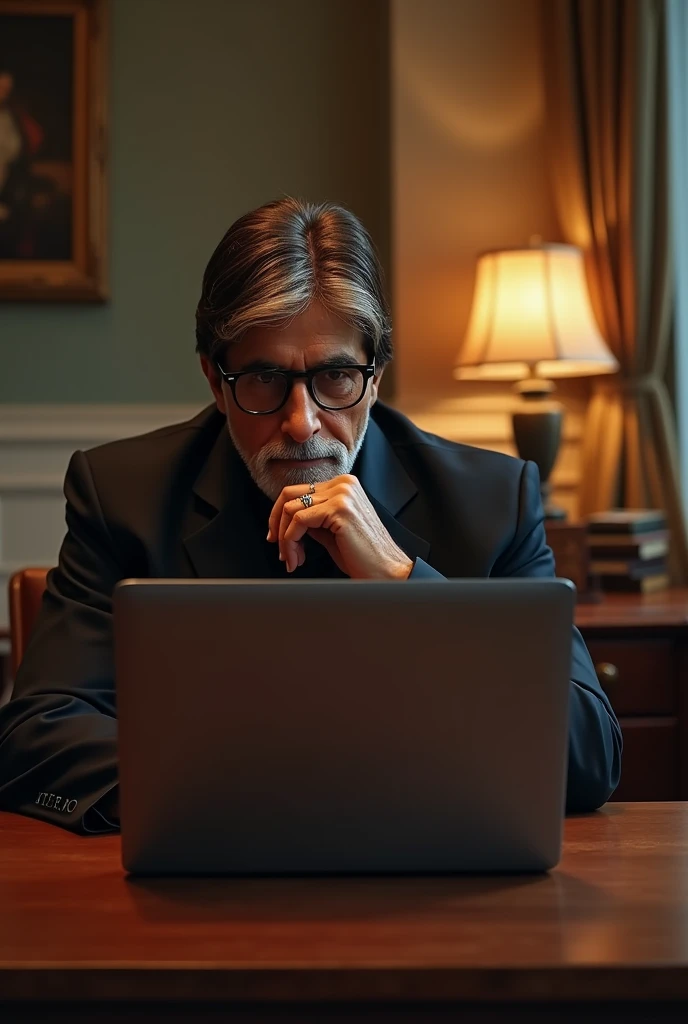 Create a photo of Amitabh Bachchan sitting on table with his laptop