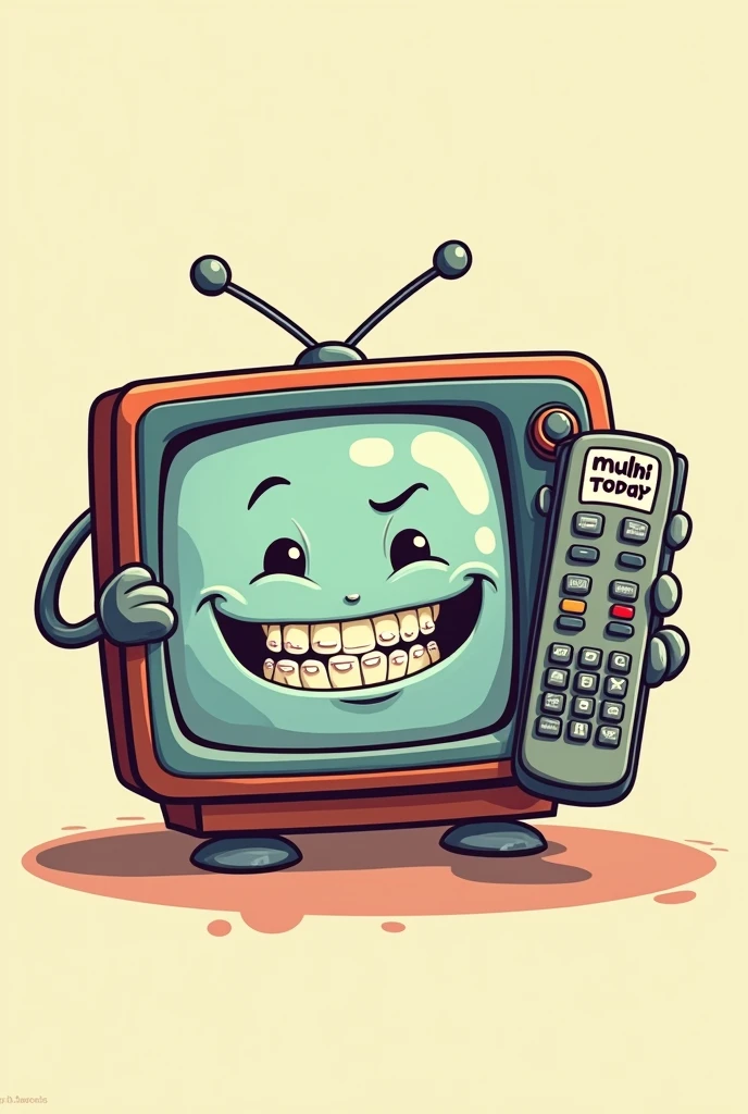 Cartoon style television smiling with braces with two arms holding a remote control with a VERY BIG NAME written on it IPTV