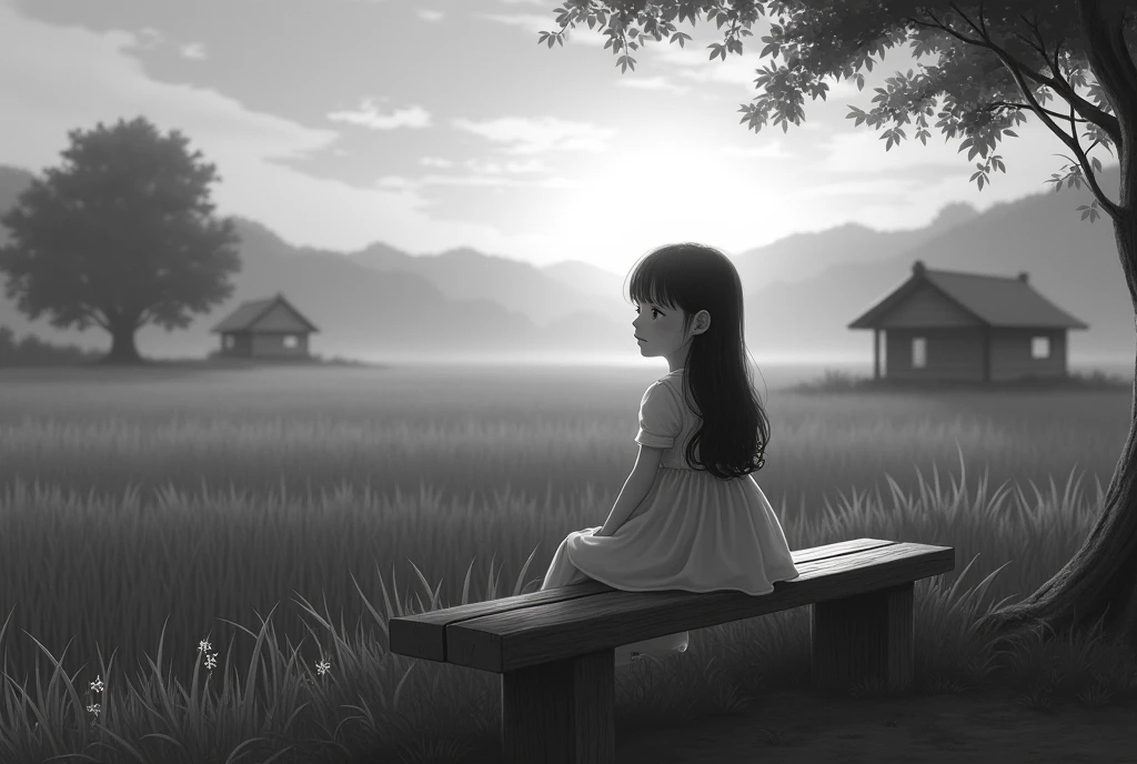 1. A young girl wearing frock sitting on a wooden bench, watching the sunrise over a lush green field with a few traditional huts in the distance, black and white image, high quality, smile on the girls face,