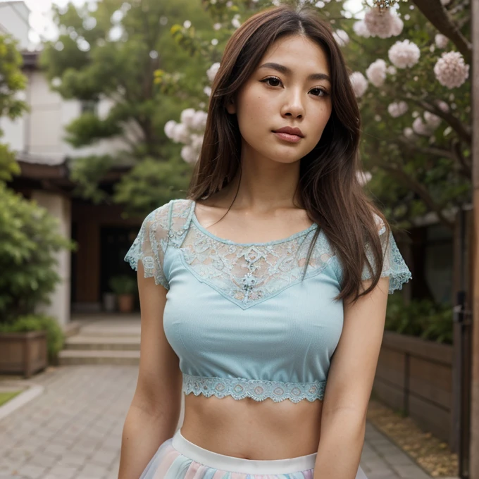 photo of brown hair female, natural skin, realistic skin, beautiful refined skin, real skin texture, sharp face lines, skinny face, beautiful slim face, brown long hair, beautiful dimples cheeks, slim beautiful japanese face, beautiful face, beautiful nose, masterpiece, high resolution, 2, busty female, american mixed japanese ethnic female, whimsical setting, wearing a pastel tulle skirt and a lacy top, playfully twirling, surrounded by soft, colorful flowers
