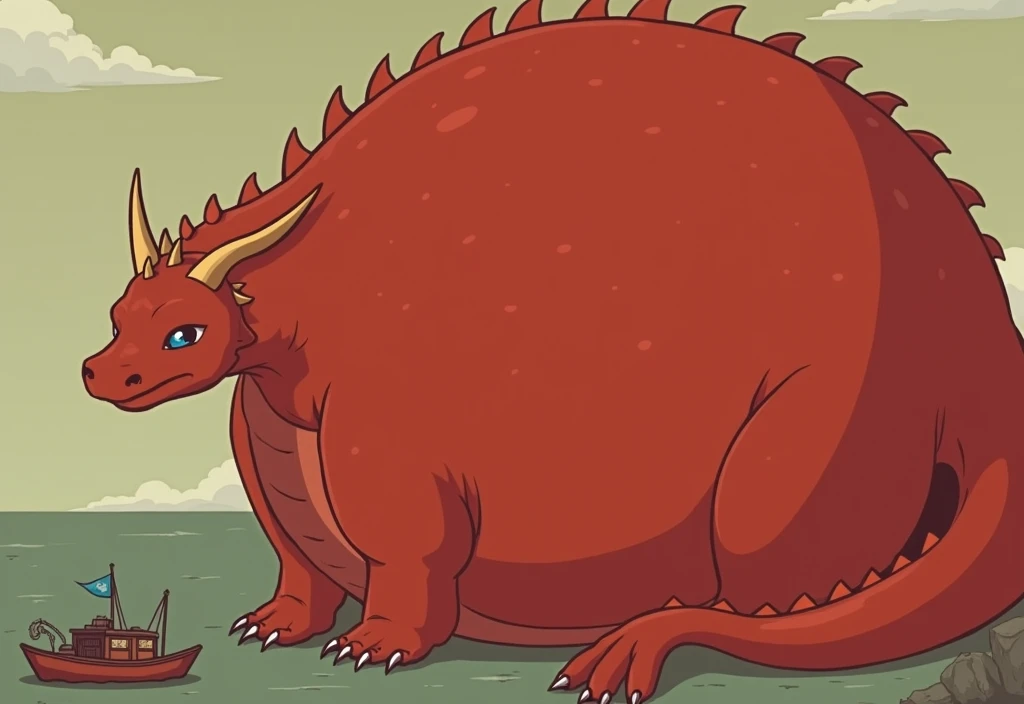 Red dragon man、Shaking Belly、Sole、sharp claws on feet、Angry、Wide open mouth、Very obese arms、Very large abdomen、Very obese face、Very obese arms、Abnormally obese legs、A belly as big as a mountain、Abnormally large amounts of fat、Lying body、Red scales all over the body、A composition that captures the whole body、Thick tail、Green Eyes、Top-down composition、mud background、Very short legs、White Fang