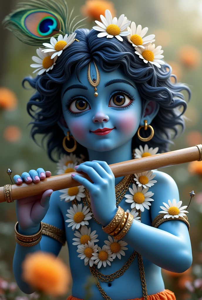 Lord Krishna stands serenely with a dark blue complexion that enhances his divine allure. A peacock feather adorns his head, and he holds a flute gracefully. A garland of delicate white daisy flowers circles his neck, complementing his gentle smile. Surrounding him is a vibrant tapestry of blooming flowers, adding a touch of natural beauty and harmony to the scene.