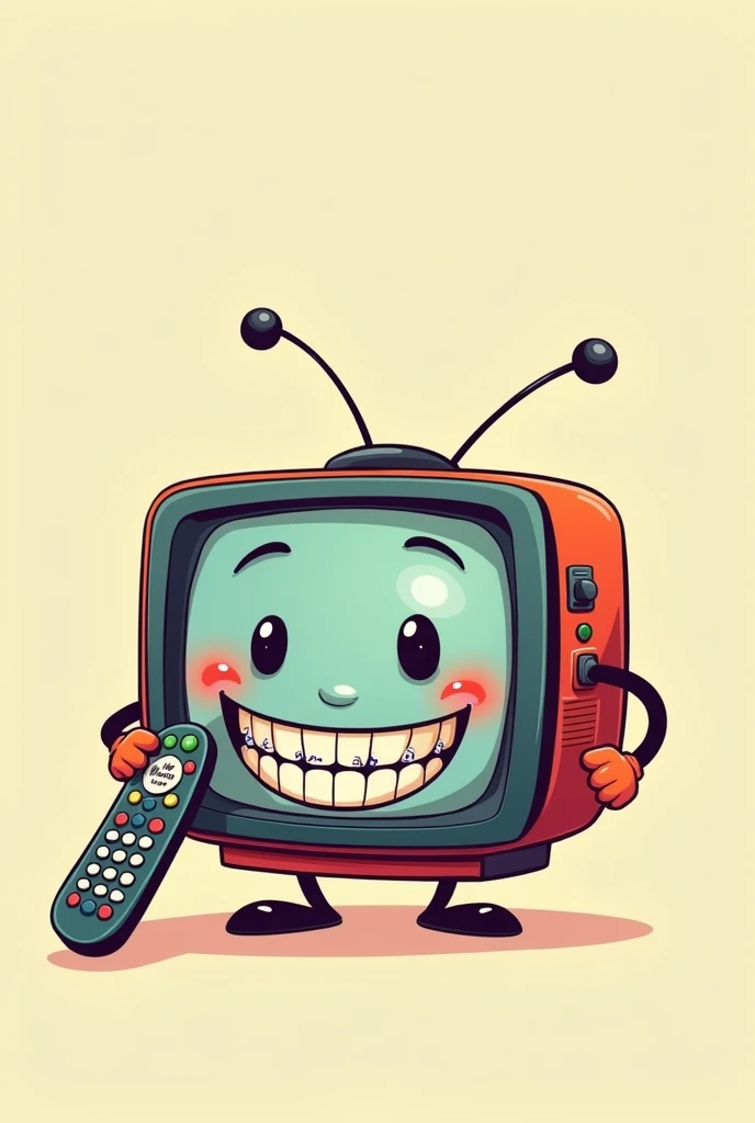 Cartoon style television smiling with braces with two arms holding a remote control with a VERY BIG NAME written on it IPTV