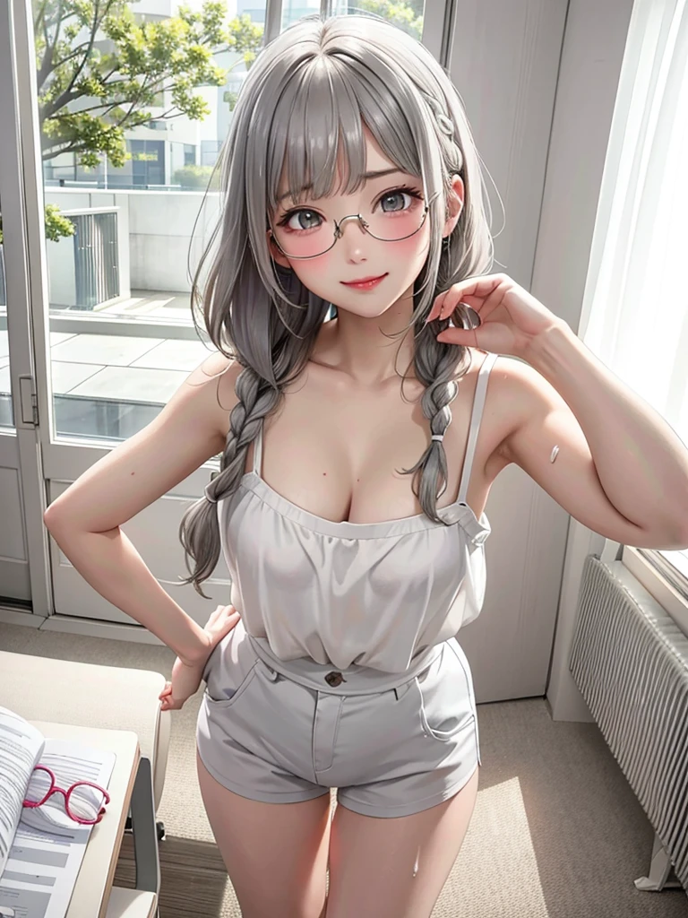 Blue-eyed white wavy-haired teenager with glasses in short dress 