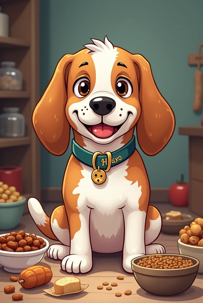 Un beagle qui ets vieux et entouré de pleins de nourriture. Avec un collier écrit haxo. En version cartoon. 
