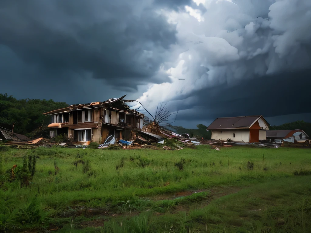 best quality, Full-HD, tycoon, landscape painting, typhoon that destroys house, half destroyed house, tornado, dark sky, storm, Many people running away from the storm, heavy rain, half destroyed house, large drops of rain,