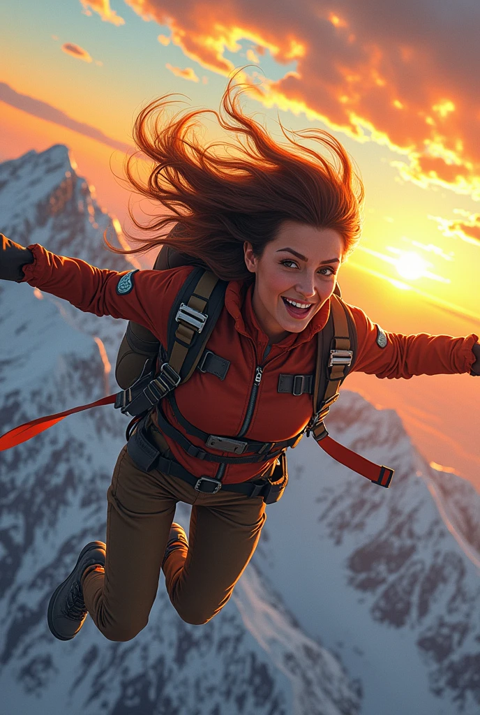 Create an artistic style illustration of a woman jumping out of a small plane at sunset very close to Los Toques and you can see the wind hitting her face hard..