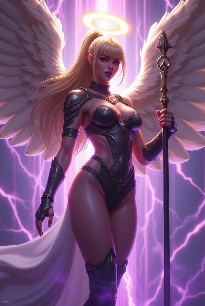 angel with big wings blonde woman,very long straight hair with a ponytail and bangs,with sexy warrior goddess sexy armor,too thin waist,red eyes,athletic fitness body,angry face,angry face,with a mighty staff,with a halo on the head of a luminous golden color,thick lips,thick eyebrows,lips painted violet,posing sideways,LOOKING AT THE SPECTATOR.posing sexy,ass in thong,Fitness ass,round ass,with lots of energy around violet color,and electric rays surrounding her,big tits,very sexy minimalist armor,with erotic long stockings,with a lot of magical power,image made reality.Highly detailed realistic skin,real imageista,real image,real human image,non-animated image,image without animation,very tight armor,posing on the back, mostrando el ass in thong,looking at the viewer,posing sideways,LOOKING AT THE SPECTATOR.mostrando el ass in thong al espectador.photo made reality,image made reality