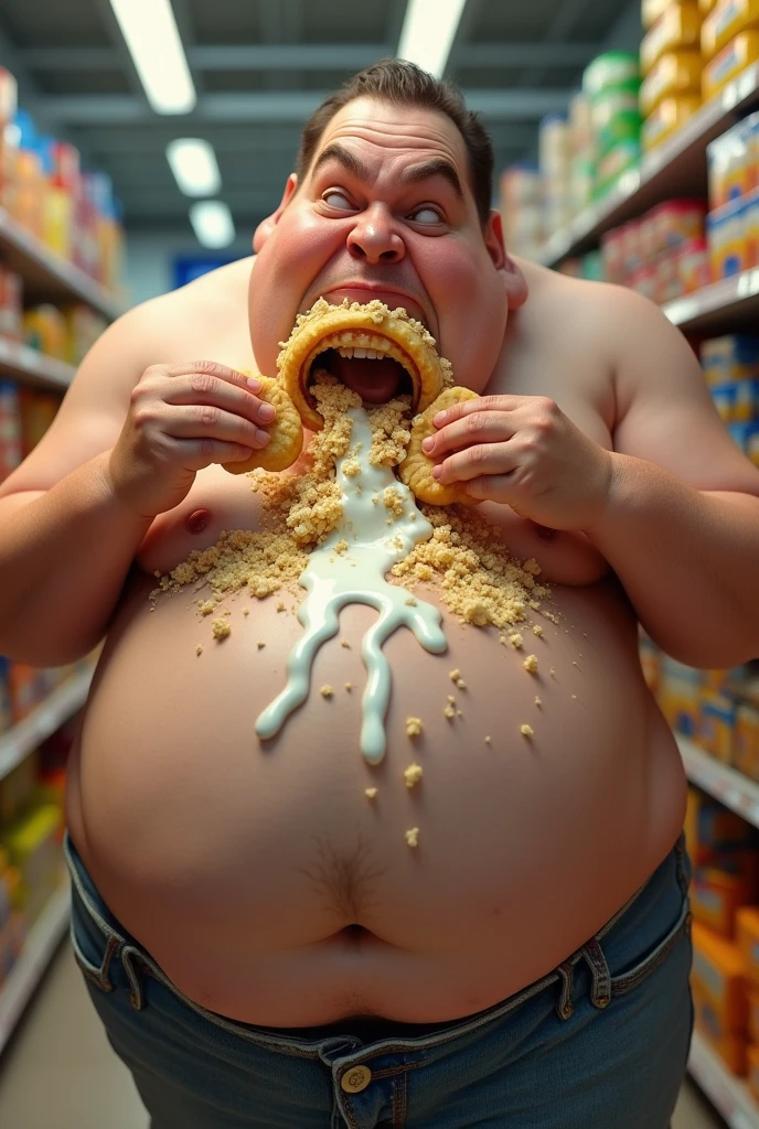 Create a 8k 3d image that is hyper realistic. This image is of a obese human with many belly rolls eating twinkies. Image has extreme detail. He is eating a handful at a time. There are crumbs falling along with white cream from his chin. The background is a Grocery story isle.