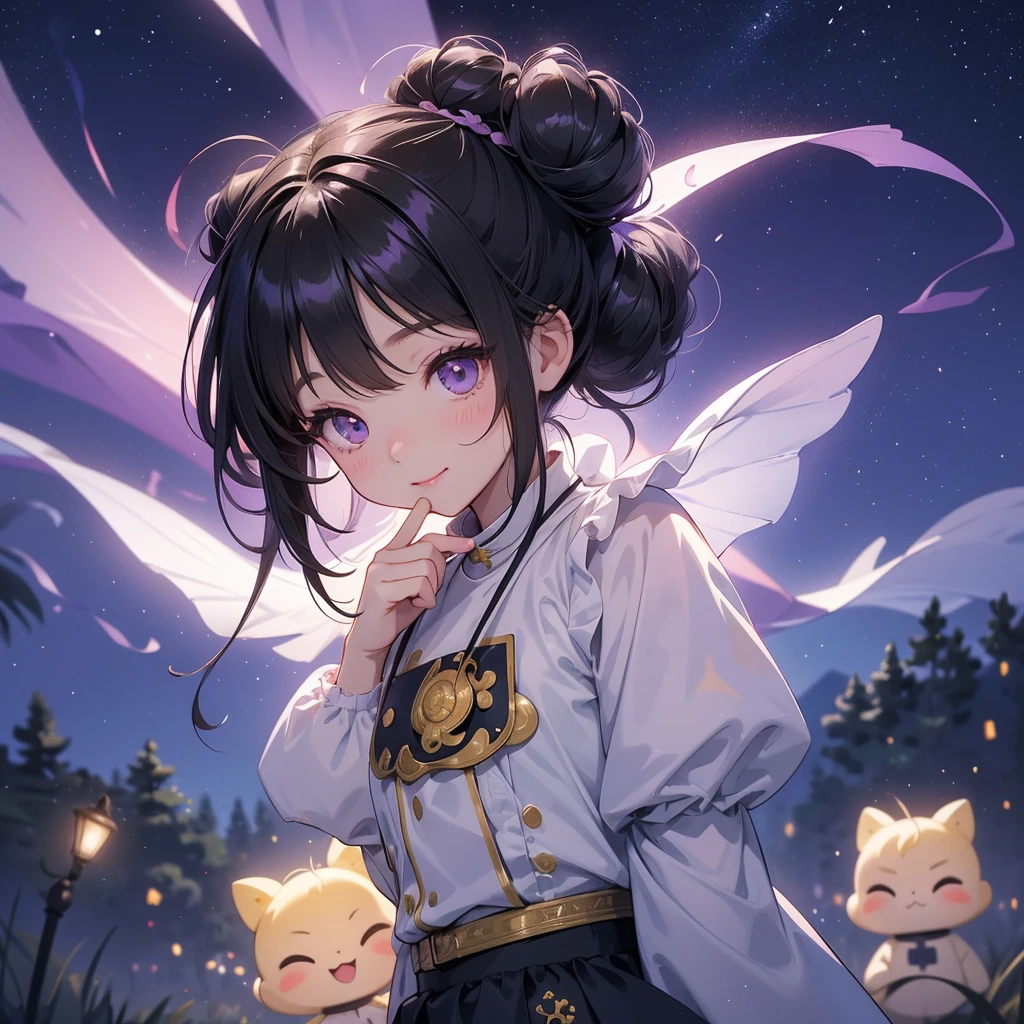 A chibi  girl had a small face and wearing a little tourist priest’s outfit, a pair of big round eyes shone with curiosity about him. This childso cute, her hair is black with buns on her hair. Small chibi , chibi baby, smil, chibi. 

Background is a dark moonless night, with dry trees in the background, and purple glowing light