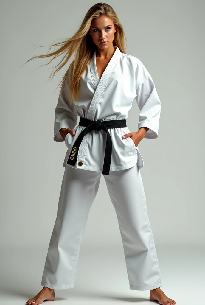 beautiful blonde woman wearing a karate gi, full body shot, cleavage