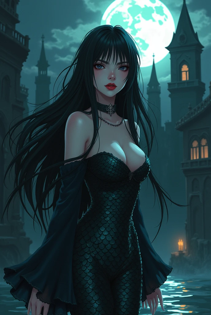 mermaid anime with dark hair, red lipstick and vampire fangs, Castlevania, classic Castlevania style, dark, gothic, anime moon