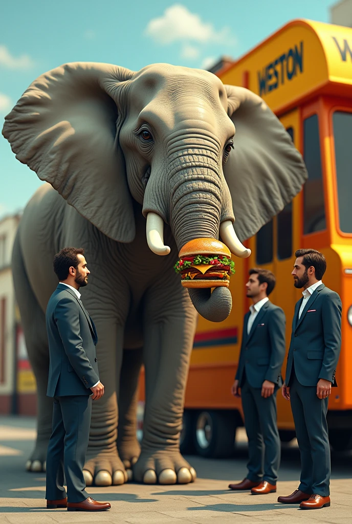 Elephant eat burger at food van with 3 pes weston suit
