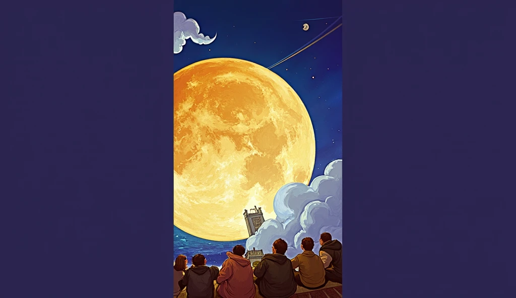 Painting of a group of people looking at the moon on a roof, in the moon, big moon, sitting on the moon, in front of a big moon, looking at the moon, big moon, full big moon, to the moon, the moon shines with golden light, Moonlight fish eye illustration, in front of the moon, looking at the full moon