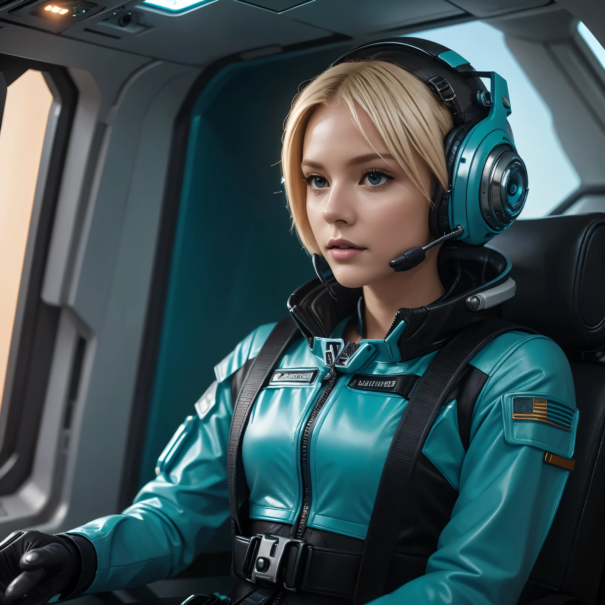 masterpiece, best quality, photorealistic, full view of space ship cockpit, 1girl, solo, shoulder-length hair, platinum blonde hair, teal space suit looking at viewer, upper body, Spacecraft Cockpit Background, minimal background, natural light, smooth shadows, determined expression, detailed skin, soft features, space setup, classic portrait style, high clarity, simple background, cinematic lighting, wearing a sleek flight suit with integrated communication headset and helmet, futuristic and professional