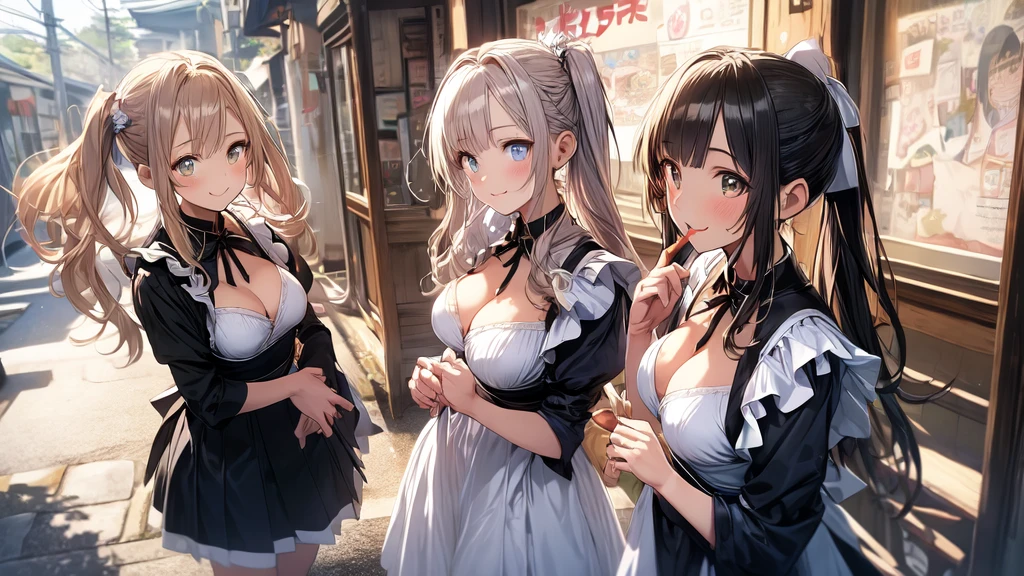 Masterpiece, super high quality anime style illustration, 8K, early Meiji period in Japan. Outdoors, daytime, in front of an old fashioned cafe, ((very beautiful 20 year old maids)), ((2 beautiful girls smiling)). Colorful eyes, pink lips, perfect makeup, flashy colorful outfit, maid cafe outfit in Akihabara, average breasts, a glimpse of cleavage, attractive proportions. Shot from the chest up.