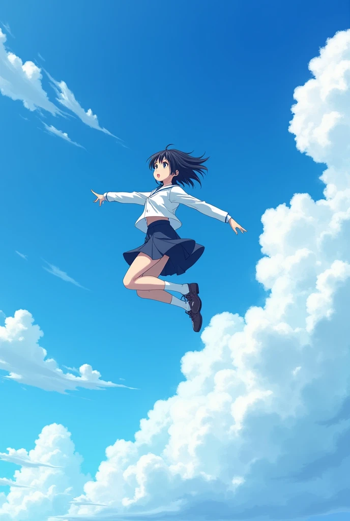 High school girl jumping into the sky、blue sky、The Girl Who Travels Through Time、Real、Realスティック、photograph、Black Hair、short hair、Hair blowing in the wind、cumulonimbus。
