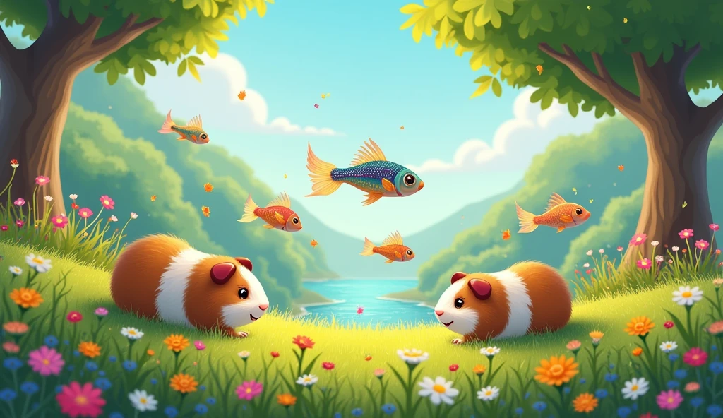 Imagine a whimsical world where adorable guinea pigs frolic in lush green meadows, while vibrant fish with shimmering, iridescent fins dance gracefully in sparkling blue waters nearby. Create a magical scene that captures the joy and beauty of these delightful creatures living in harmony, surrounded by a fantasy landscape filled with colorful flowers and dappled sunlight."
The images and background should be 2d cartoonish not 3d.
Image should be landscape size for my kids song YouTube video 