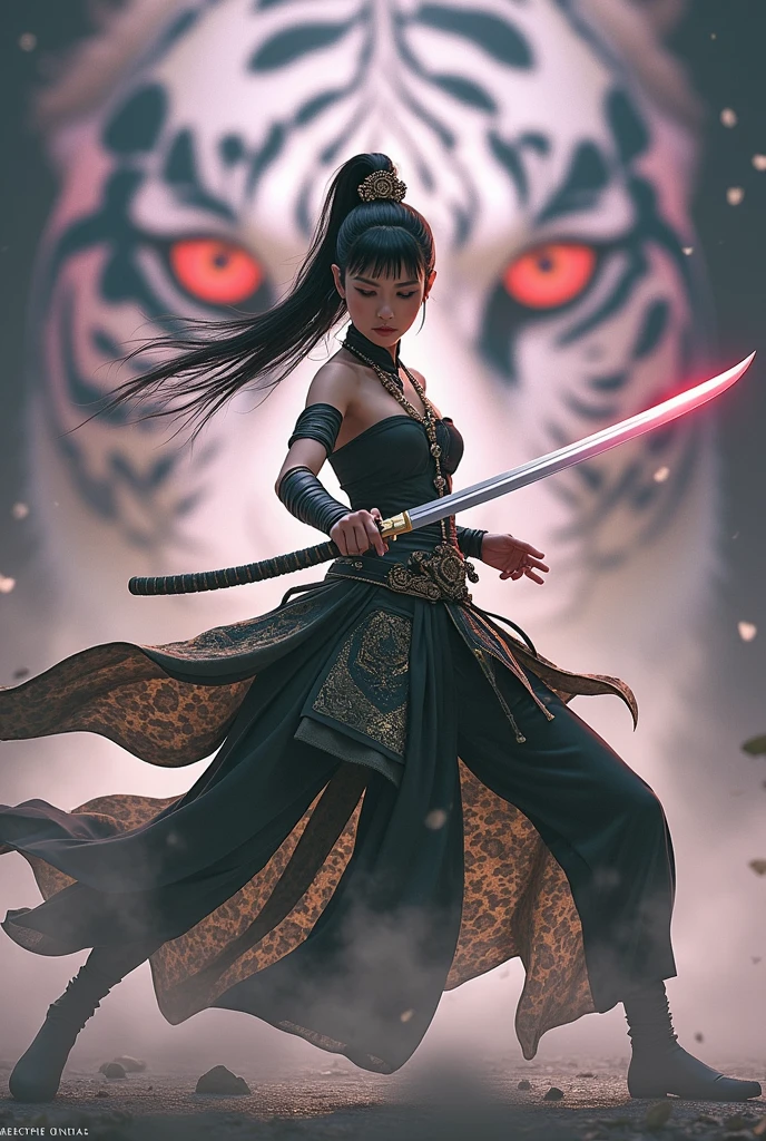 A beautiful young woman, in an ancient black Dusit Thai costume, wearing a black and gold sarong, long black hair tied high, long swordplay, separated by every fierce attack, covered with thick fog that obscures the view, revealing a vivid and surreal scene, the blade's s-cut stands out against the blurred background., Mysterious background, the sharp eyes of a large green tiger meet the viewer's eyes.., A thick layer of fog covers the landscape, piercing, clear eyes, amazing light and color.