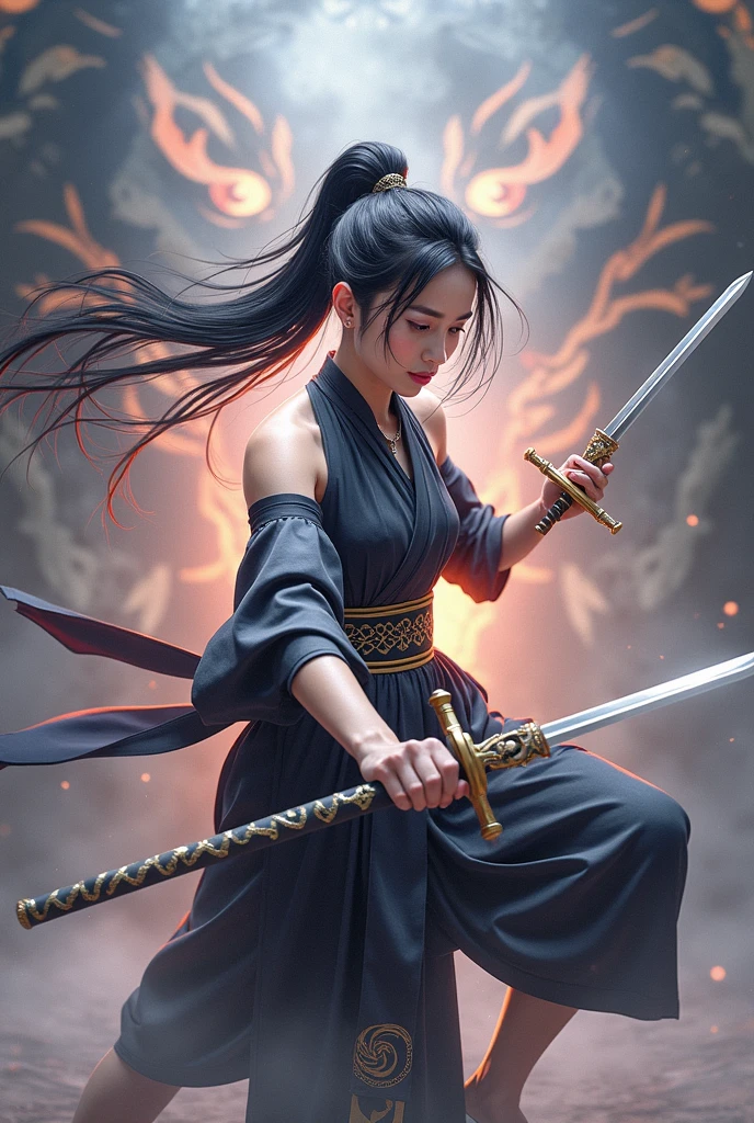 A beautiful young woman, in an ancient black Dusit Thai costume, wearing a black and gold sarong, long black hair tied high, long swordplay, separated by every fierce attack, covered with thick fog that obscures the view, revealing a vivid and surreal scene, the blade's s-cut stands out against the blurred background., Mysterious background, the sharp eyes of a large green tiger meet the viewer's eyes.., A thick layer of fog covers the landscape, piercing, clear eyes, amazing light and color.