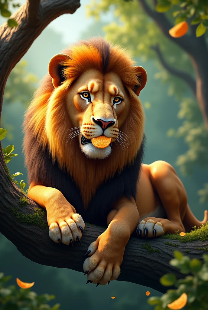 Lion sitting on a tree and eating chips