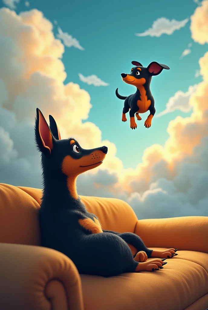 Brazilian terrier dog, lying on the couch dreaming about a black and yellow Pincher dog playing in the clouds in the sky .