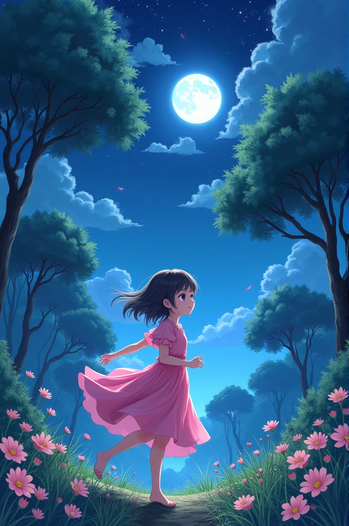 Cute anime girl and beautiful night and beautiful trees and pink dress and 4k creator 