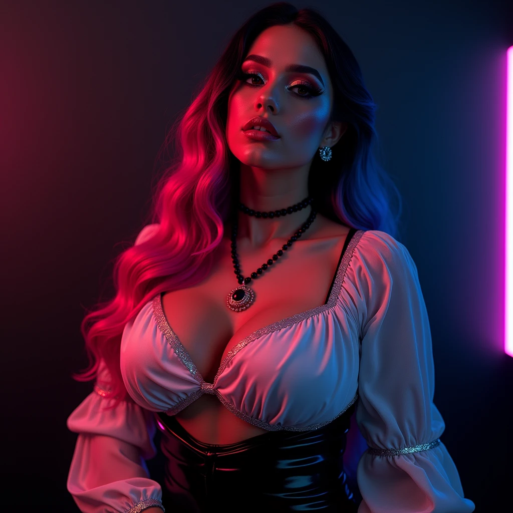 ((Very beautiful girl)), 8k, Young beautiful girl, sexy girl, ((colored long hair)), ((very long hair)), complex makeup, ((big tits)), ((huge breasts)), big breasts, ((huge tits)), ((plump lips)), pouty lips, pouty lips, big lips, ((big expressive black eyes)), big eyes, perfect beautiful girl, young mommy, necklace, glitter, ((perfect hands)), wet, sexy, ((in silk white blouse)), Background: ((neon dark wall)), close-up, many details, contour lighting, ((black latex skirt)), close-up, first person, sex, lust, debauchery,