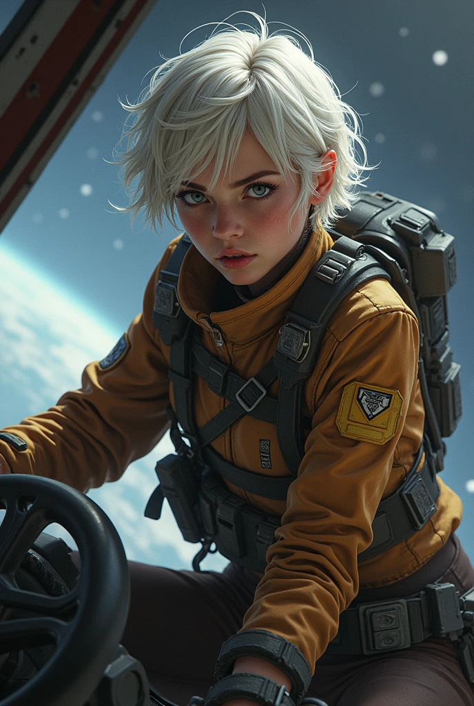 Astrid berges, Star Wars, space pirate, young lady, 2, short platinum hair, semi realistic 