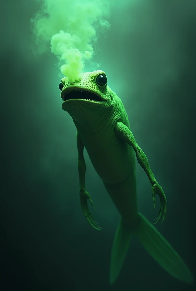 a green dropfish in the dark with black eyes and no pupils droping green smoke from its mouth