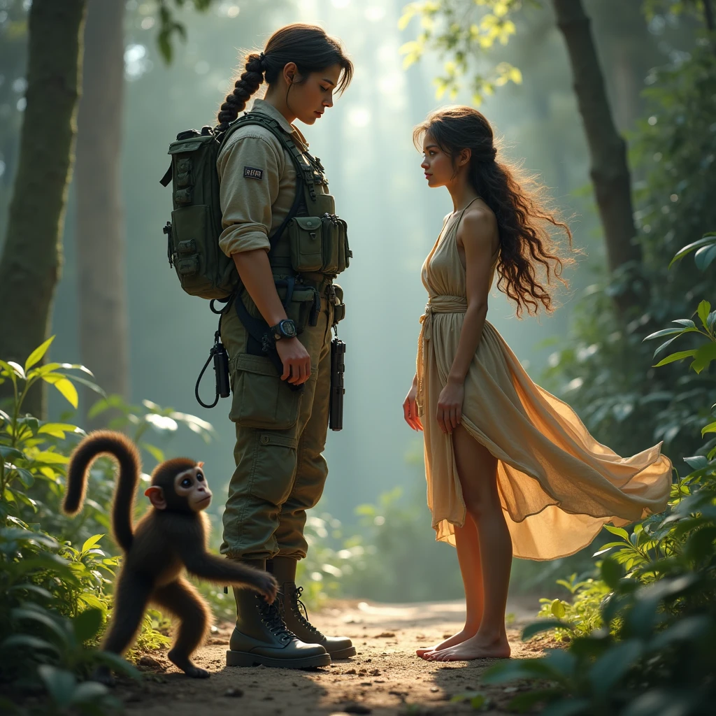 A (((beautiful  tween holding a monkey and a monkey in her arms,))) ((Ellie from the last of us part one)) a, Wearing micro skirt. ((And her get hugs with Lewd monkey groping her in jungle)).(realistic arts), intricate, (monkey craves her carnally), nipslip, puffy nip, milky, ((monkey grabbing breasts))