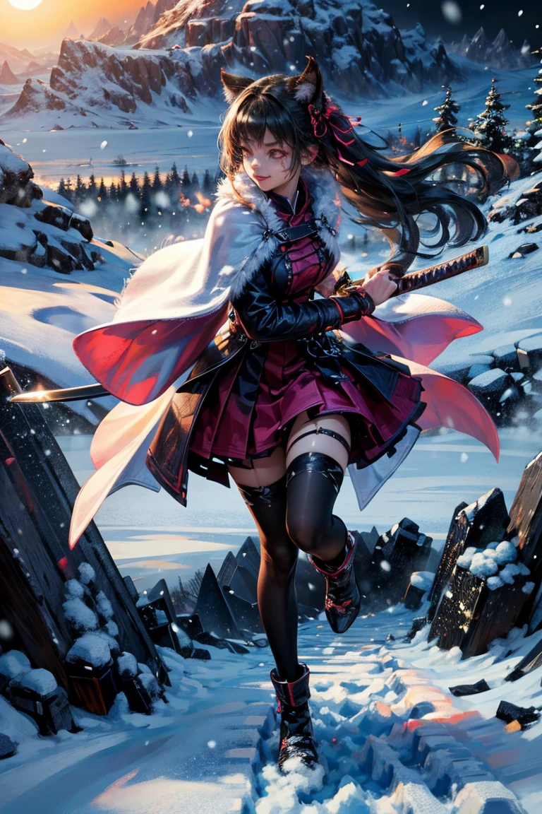 uhd, textured skin, good quality, High details, ​masterpiece, best quality, high detail face, (Amazingly absurd:1.2), (​masterpiece:1.2), fluffy, 1 Girl, evil smirking, Dragon ears, Dress with ruffles, glowing eyes, shining hair , Whole body love, very long hair, hair ribbon, black kneesocks, full body, Kawaiitech, soft colours, Kawaii, Beautiful colors, (Snow:1.5), (Wet:1), (Night:2), (Landscape:2), battojutsus, (holding Katana:1.5),