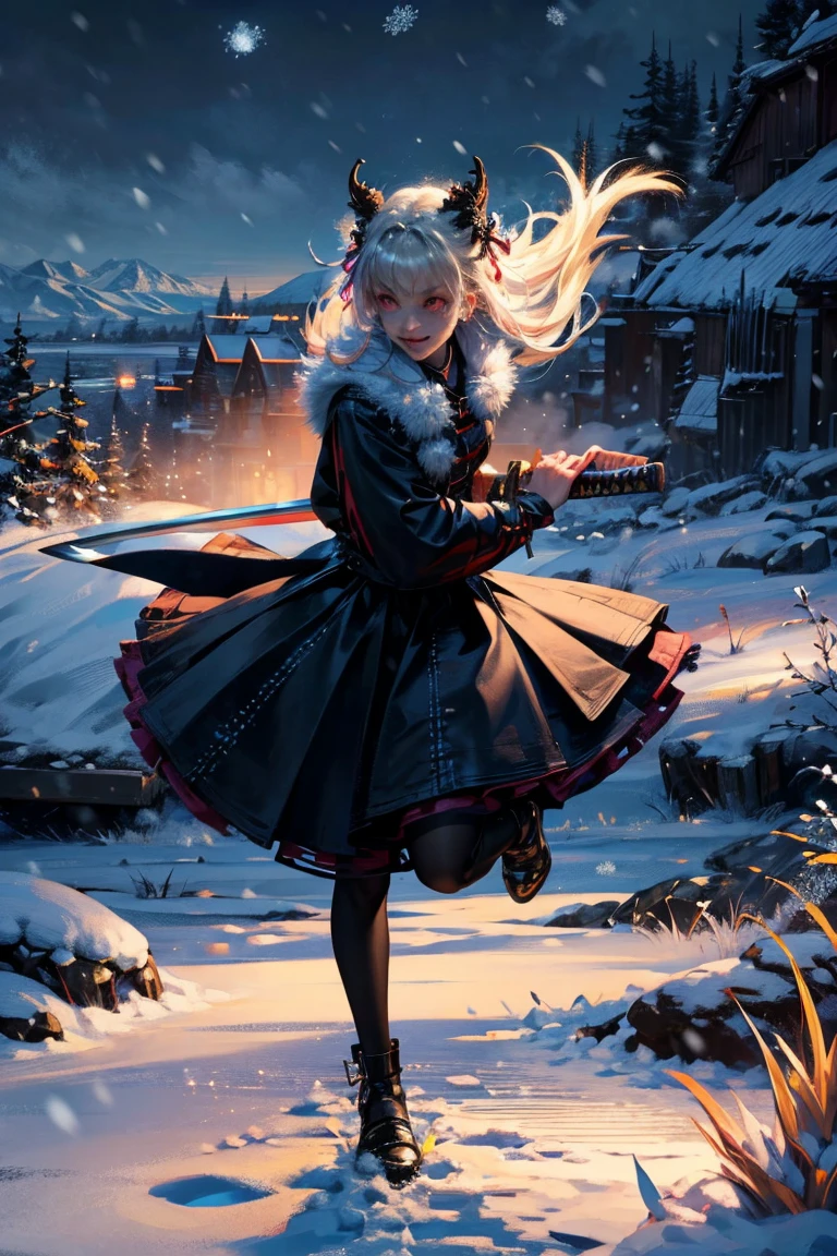 uhd, textured skin, good quality, High details, masterpiece, best quality, high detail face, (Amazingly absurd:1.2), (masterpiece:1.2), fluffy, 1 Girl, evil smirking, Dragon ears, Dress with ruffles, glowing eyes, shining hair , Whole body love, very long hair, hair ribbon, black kneesocks, full body, Kawaiitech, soft colours, Kawaii, Beautiful colors, (Snow:1.5), (Wet:1), (Night:2), (Landscape:2), battojutsus, (holding Katana:1.5),