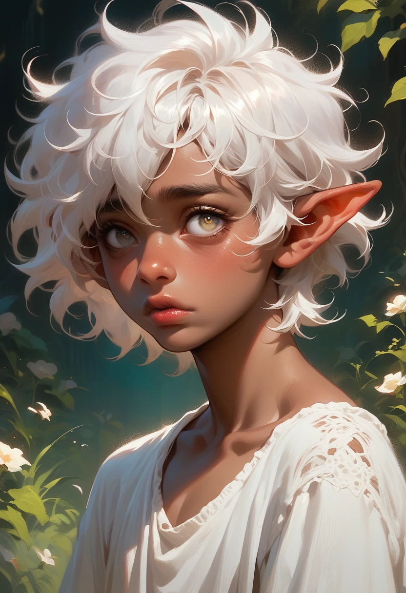 femboy, shy, messy hair, tanned, shoulder-length hair, white hair, seafoam eyes, fantasy clothing, elf ears, plump lips, fantasy background, portrait