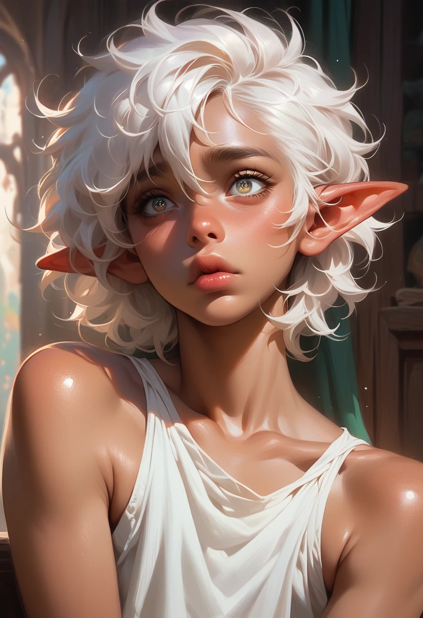 femboy, shy, messy hair, tanned, shoulder-length hair, white hair, seafoam eyes, fantasy clothing, elf ears, plump lips, fantasy background, portrait